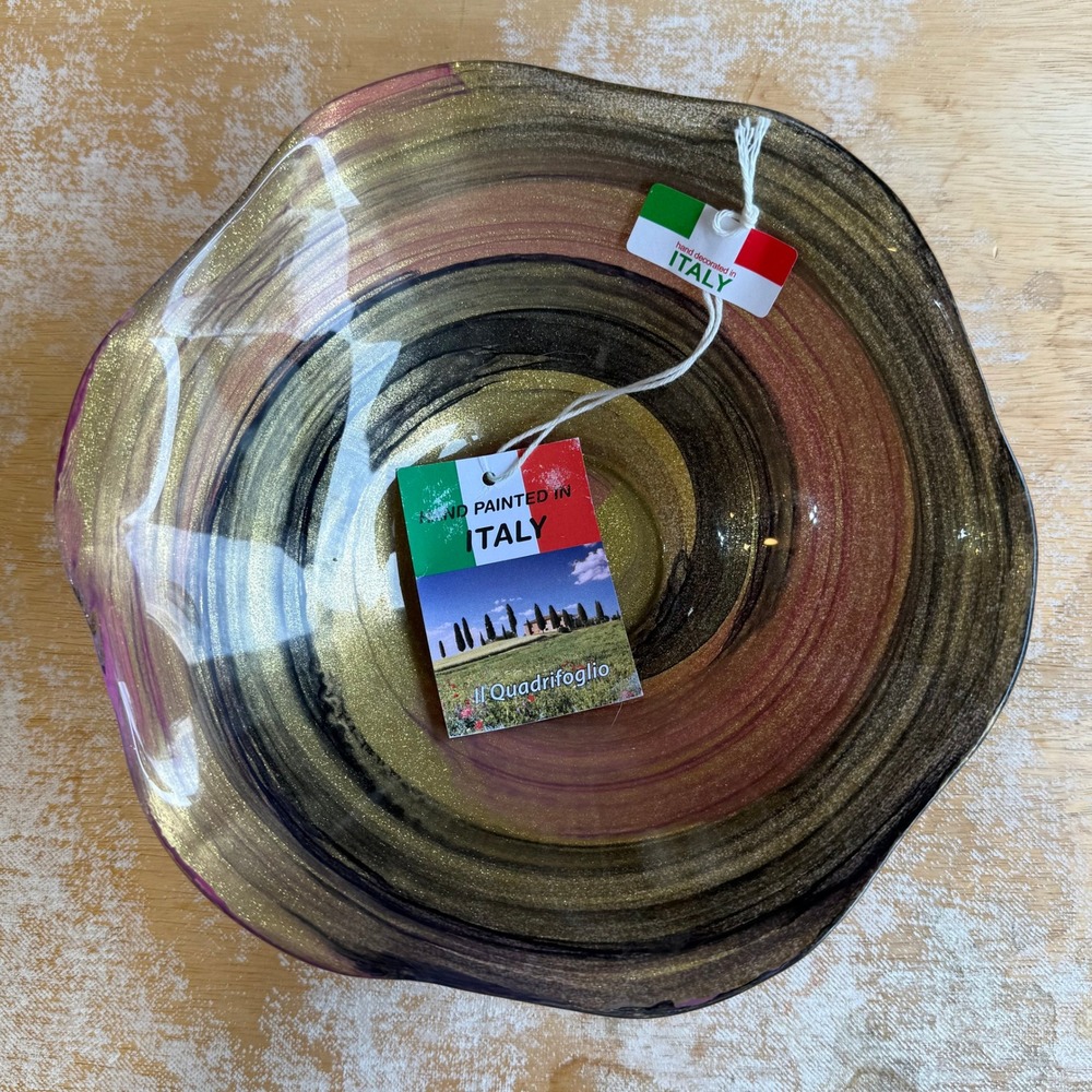 Il Quadrifoglio Hand Painted Italy Glass Bowl Gold Glitter Black Burgundy NWT